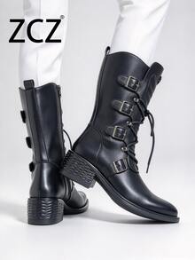 ZCZ 中筒騎士靴，多扣飾設計，側邊綁帶拉鍊粗跟西式靴 - 黑色 - 查看 8