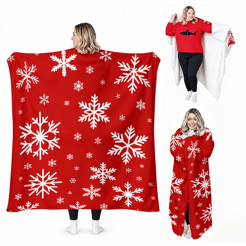 1PC Christmas Red Snowflake Print Wearable Blanket-Soft And Comfortable, Unisex, Perfect For Holiday Gifts, Christmas Decor, Home Comfort And Festive Occasions