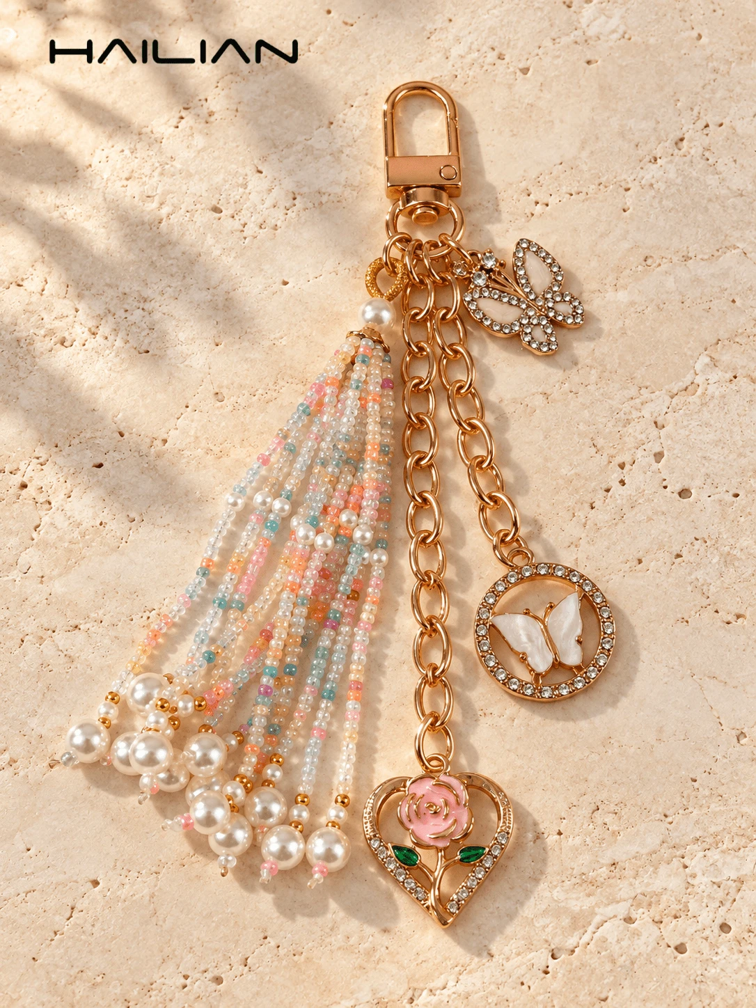 HAILIAN Beaded Tassel Bag Charm, Pearl Rhinestone Butterfly Flower Chain Keychain With Heart Rose Pendant, Cute Handbag Accessory - White - View 1