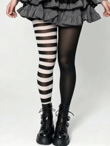 1 Pair Halloween Over-The-Knee Socks, Asymmetric AB Pattern Tights, Suitable For All Seasons, Holiday Gift - Black and White - View 5