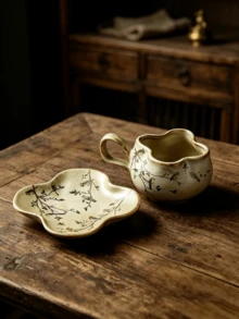 1PC Vintage Retro Floral Cup And Saucer Set, Flower Bird Magnolia Print Ceramic Coffee Cup, Handmade Texture Petal Rim Latte Cup, Afternoon Tea Coffee Latte Cup And Saucer, Gift - Multicolor - View 4