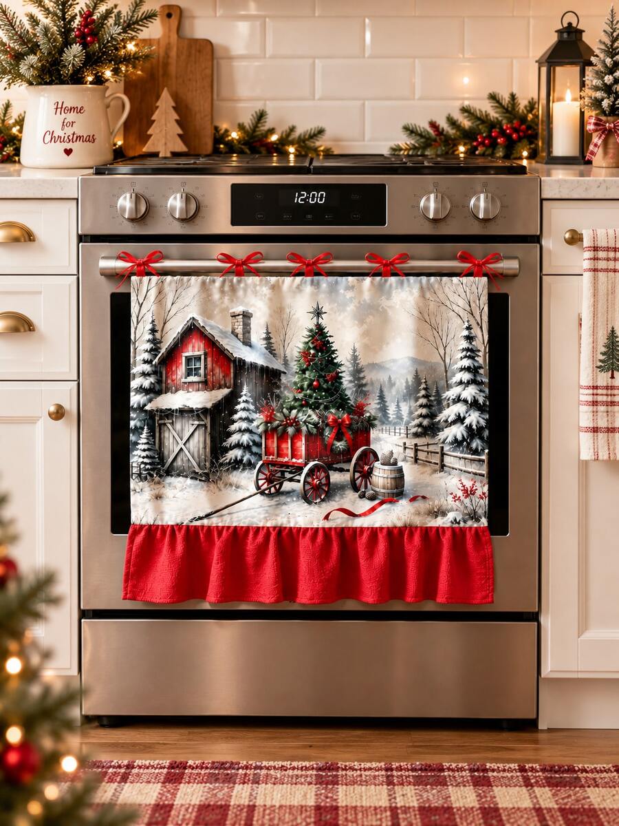 Farmhouse Christmas Stove Oven Curtain, Red Gingham Checkered Kitchen Curtain With Tie Bows, Ruffled Christmas Kitchen Decor Curtain For Stove Front Decoration - C - View 1
