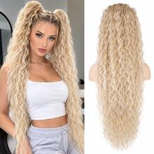 Long Curly Ponytail Wig With Ombre Drawstring, Long Curly Hair Extensions, Synthetic Water Wave Braid Hair Accessory - Black - View 11
