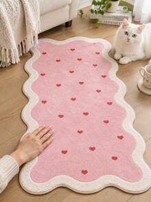 1pc Blush Pink Small Heart Faux Cashmere Long Strip Rug, Creative Wavy Asymmetrical Outline, Beige Double-Layered Edging, Scattered Red Heart Pattern, Soft And Sweet Style, Suitable For Bedroom Bedside Soft Decor, Wavy Edge Asymmetrical Long Strip Outline. Suitable For Bedroom Bedside, Living Room, Entryway Placement, Fluffy And Soft, Machine Washable, Creating A Gentle And Bright Home Atmosphere. - Multicolor - View 5