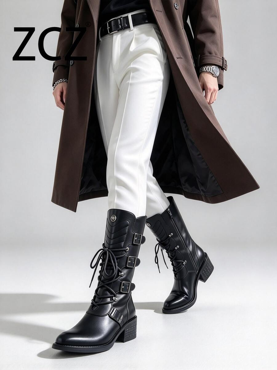 ZCZ Mid-Calf Knight Boots, Multi-Buckle Decor, Lace-Up Side Zipper Chunky Heel Western Style Boots - Black - View 1