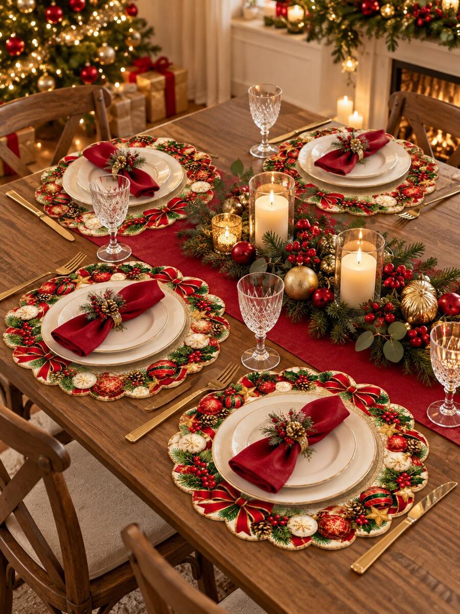 2pcs/4pcs/6pcs Christmas Scalloped Round Placemats, Red Bow, Gold Bauble & Pinecone Print Table Mats, Festive Holiday Dining Table Decor, Xmas Party Supplies - D - View 1