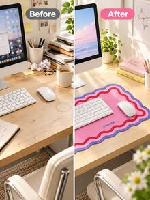 Desk Mat For Keyboard And Mouse, 80 X 35 Cm Large Extended Mouse Pad, Colorful Wavy Edges With Contrasting Scalloped Border, Easy-Clean Textured Surface, Desktop Protector For Home Office, Study And Gaming, Aesthetic Computer Desk Accessories - View 5