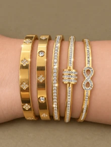 Light Luxury 5/1 Piece Set, 304 Stainless Steel Plated With 18K Gold, Single Row Rhinestones, Infinity Symbol, Rhinestone Flower And Other Styles, Stackable, Suitable For Women's Daily Wear, Party Wear, Also An Excellent Choice For Birthday Gifts To Friends - Gold - View 12