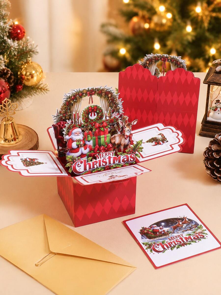 1PC Christmas Eve Themed Vintage Greeting Card, 3D Gift Box Style Fashion Card Birthday Gifts, Party Invitation Cards, And Gift Decoration Cards, A Christmas Gift For Friends (With Envelope) - Single Piece - View 1