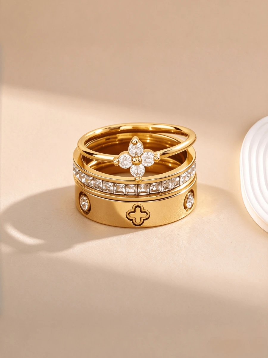 3pcs/Set 18K Gold Plated 304 Stainless Steel Clover Ring Set, Clover & Cubic Zirconia Inlaid Rings, Luxury Finger Rings For Women, Daily Wear Party Gift - 4-piece Clover Ring Set - View 1