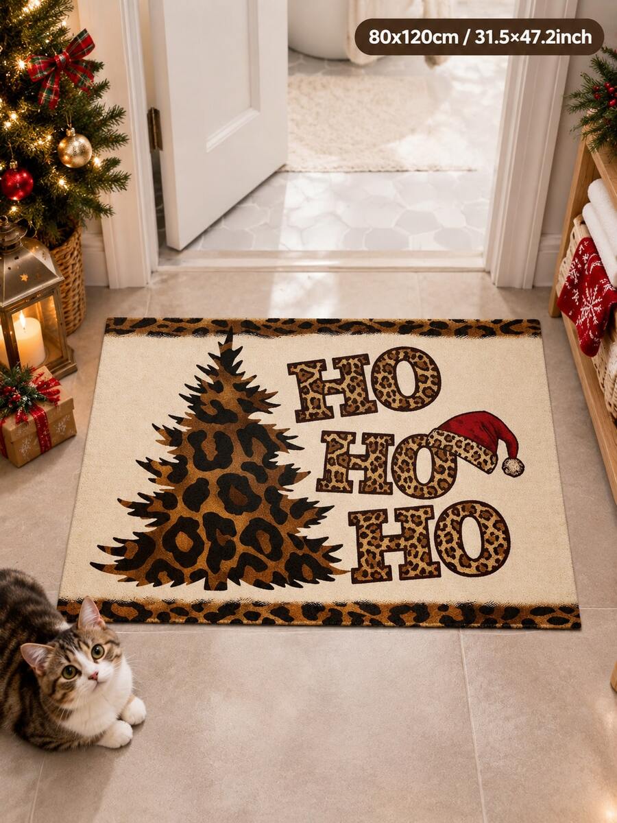 1pc American Vintage Christmas Rectangular Velvet Rug, Leopard Print Christmas Tree With HO HO HO Leopard Print Letters, Decorated With Mini Christmas Hats, Vintage Animal Pattern Combined With Holiday Elements, Entryway Holiday Decor - Multicolor - View 1