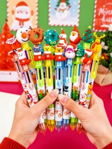 5pcs Christmas Theme Retractable Ballpoint Pens, 0.5mm Fine Tip, 6 Colors Ink, Cute Cartoon Design - Holiday Gift Set, Plastic Pen Body, Multiple Styles. Christmas Gift Excellent Back To School Supplies. - Christmas-themed Ballpoint Pen - View 1
