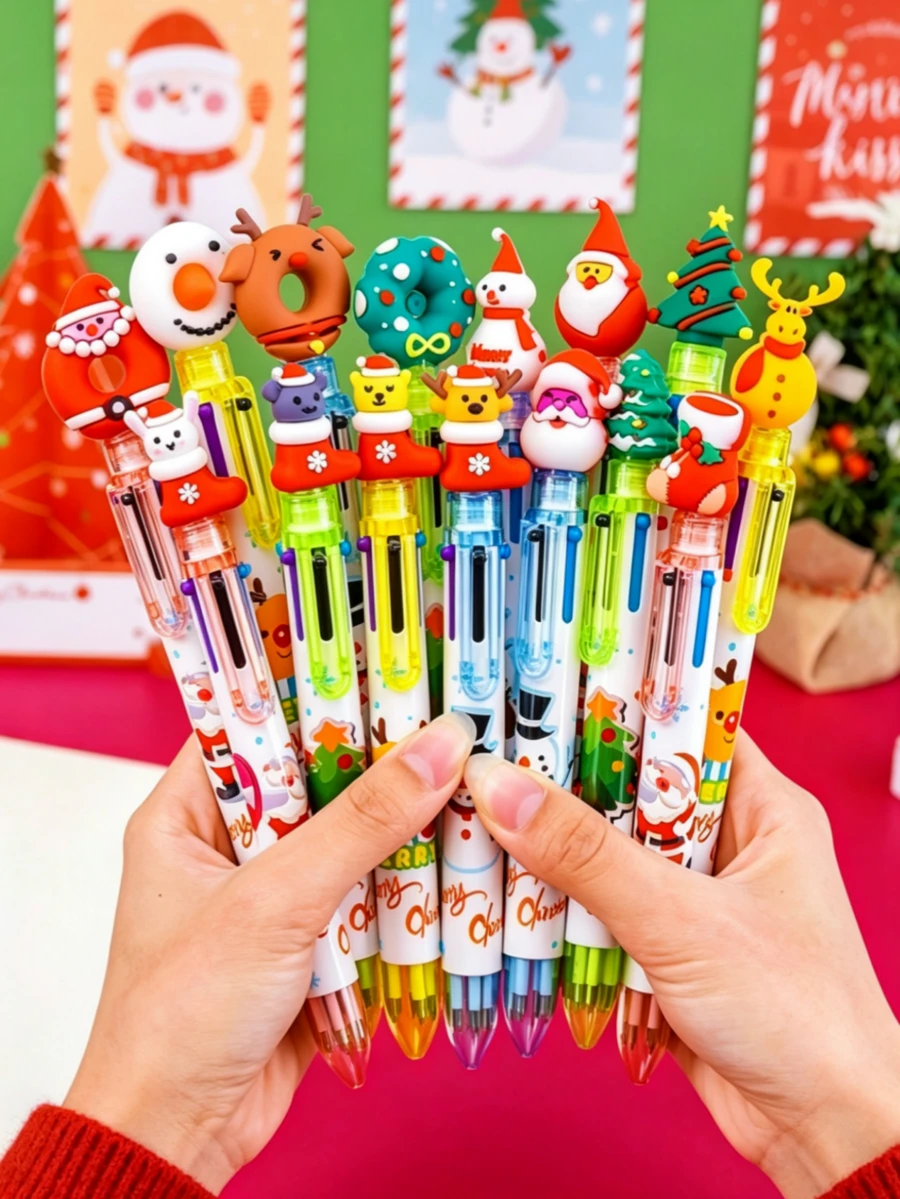 5pcs Christmas Theme Retractable Ballpoint Pens, 0.5mm Fine Tip, 6 Colors Ink, Cute Cartoon Design - Holiday Gift Set, Plastic Pen Body, Multiple Styles. Christmas Gift Excellent Back To School Supplies. - Christmas-themed Ballpoint Pen - View 1