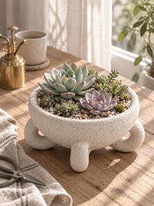 1pc Modern Decorative Flower Pot, Cream White Round Bowl Shaped Planter With Artistic Ring Base, Suitable For Succulent Plants And Small Greenery, Fits Coffee Table, Entryway Cabinet And Bookshelf, Indoor Flower Pot, Minimalist Home Decor - Multiple Styles - View 8