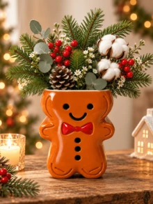 1 Piece Cute Cartoon Gingerbread Man Shaped Vase, 3D Embossed Detail Decorative Flower Holder For Christmas Tabletop Home Decor - Gingerbread Man - View 4