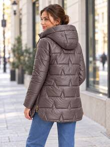 Women Mid Length Hooded Quilted Padded Coat, Zip Up Winter Padded Jacket With Drawstring Hood And Side Slit Hem - Dark Purple - View 1