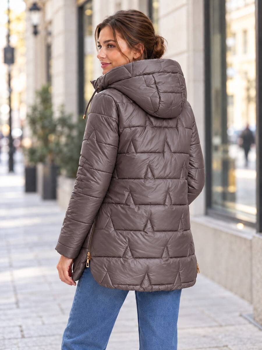Women Mid Length Hooded Quilted Padded Coat, Zip Up Winter Padded Jacket With Drawstring Hood And Side Slit Hem - Dark Purple - View 1