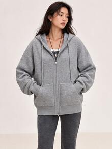 Women's New Minimalist Casual Comfortable Knit Short Zip-Up Hooded Cardigan Jacket, Long Sleeve Design, Perfect Choice For Warm Winter Fashion - Grey - View 1
