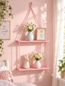 1pc Pink Photo Frame Wall Shelf, Boho Style Hanging Wall Storage Rack For Bedroom, Living Room, Bathroom, Nursery, Dorm, Cute Plant Aesthetic Home Decor, Photo Frame, Vanity, Pink Boho Style Wall Display Shelf For Ladies Room - Multicolor - View 2