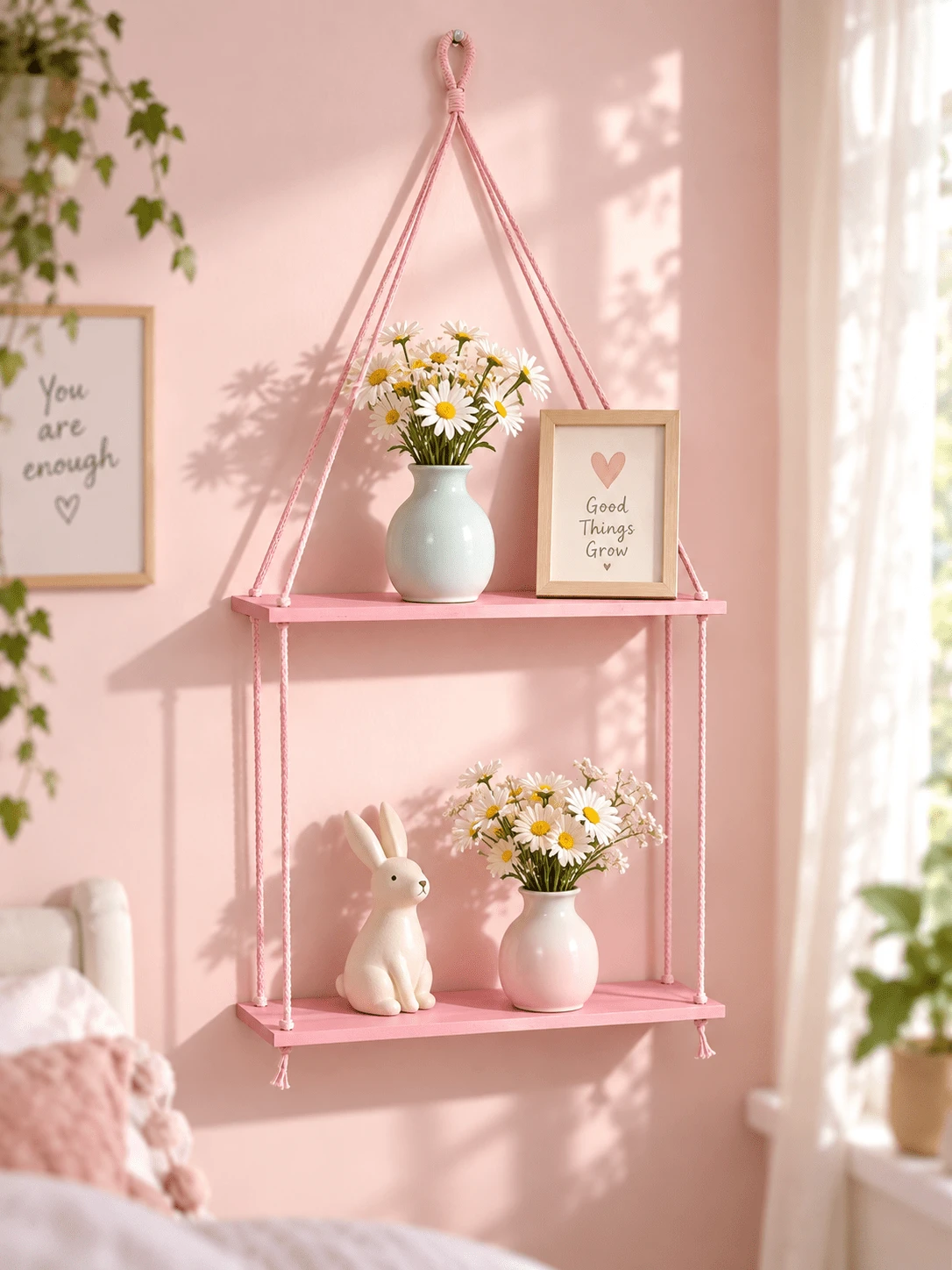 1pc Pink Photo Frame Wall Shelf, Boho Style Hanging Wall Storage Rack For Bedroom, Living Room, Bathroom, Nursery, Dorm, Cute Plant Aesthetic Home Decor, Photo Frame, Vanity, Pink Boho Style Wall Display Shelf For Ladies Room - Multicolor - View 1