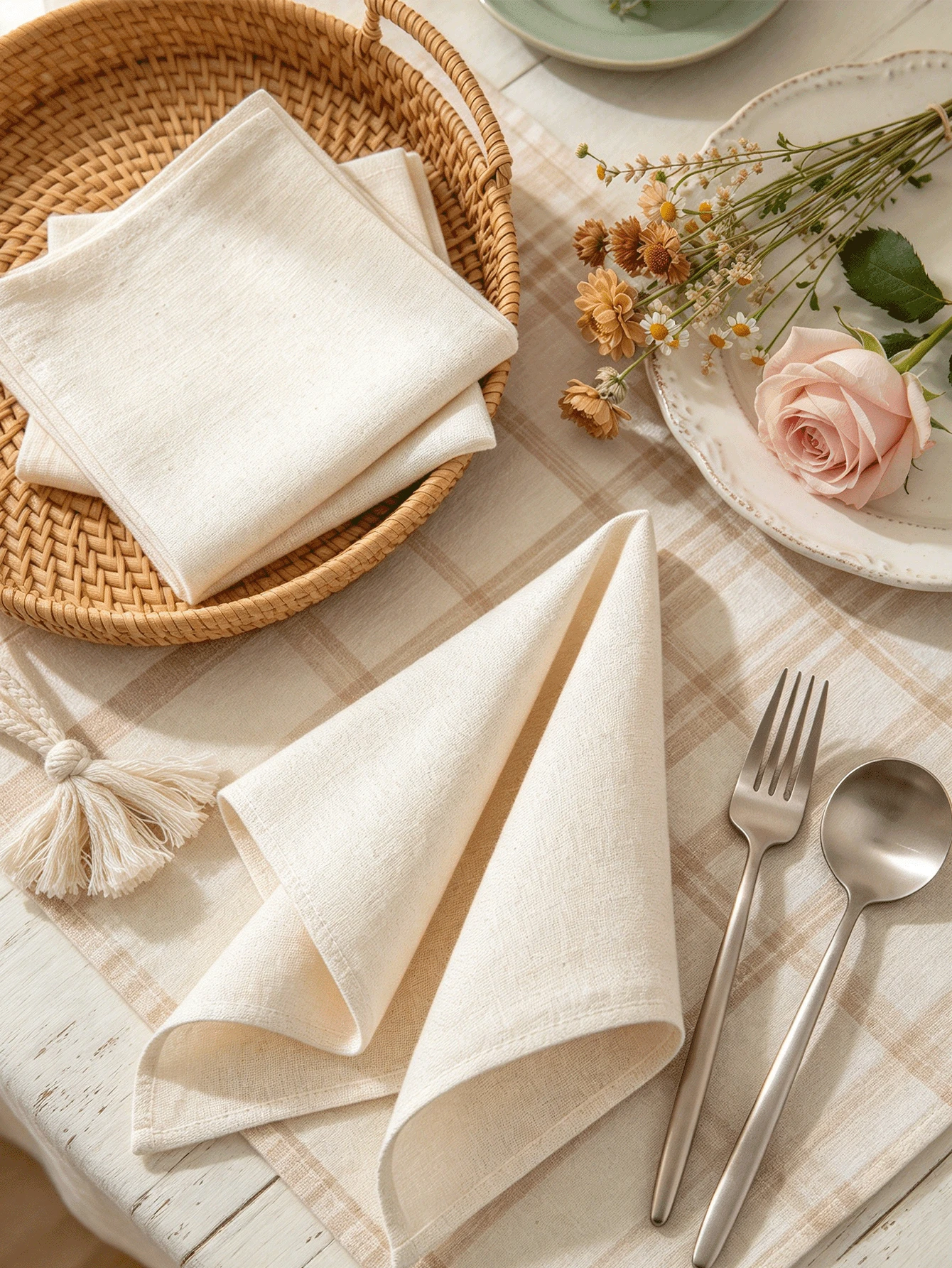 1/6/12pcs French Country Style Beige Cloth Napkins, Suitable For Banquet, Gathering, Restaurant, Kitchen, Dining Table Decoration - Beige - View 1
