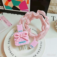 Pink Plaid 3D Bow Charging Head Protective Case Set, Compatible With Apple 20W Fast Charger, Rhinestone Mesh Ribbon Data Cable Anti-Breakage Protective Shell - Pink - View 2