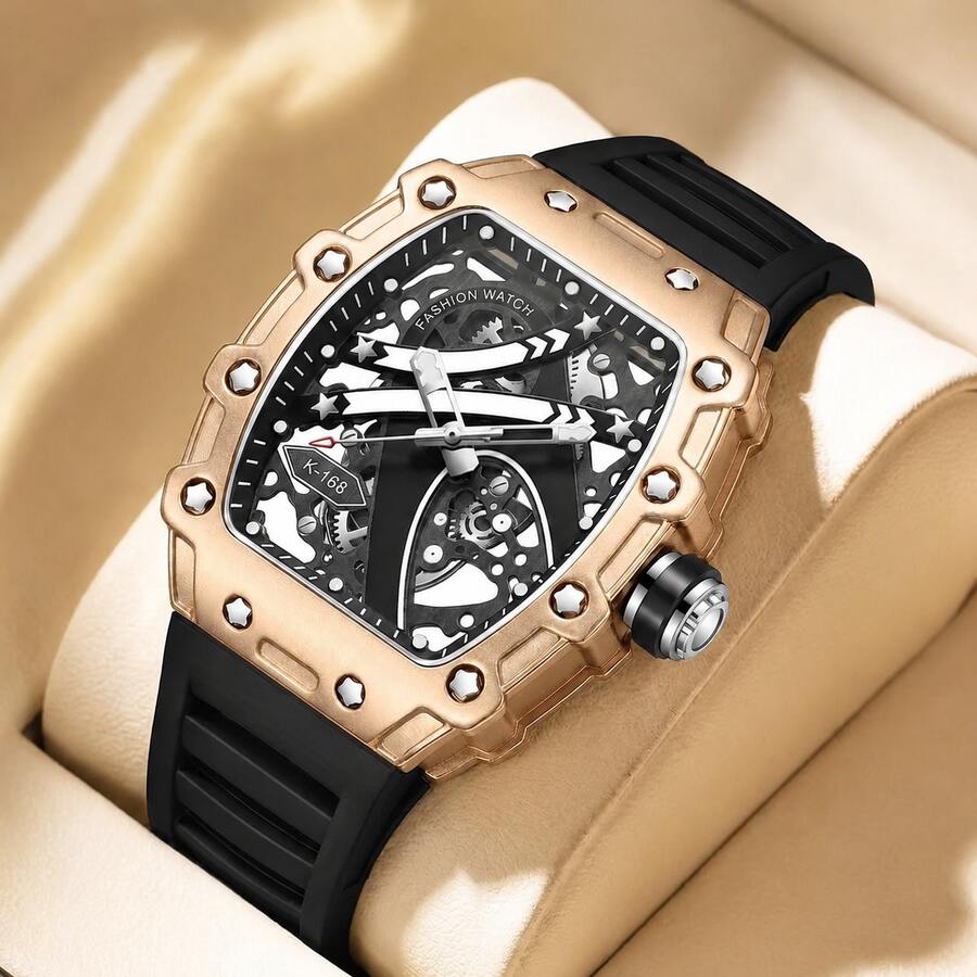 Barrel Hollow Dial Outfit Daily Commute Party Men's Quartz Wristwatch 3D Index Luminous Hands - Black - View 1