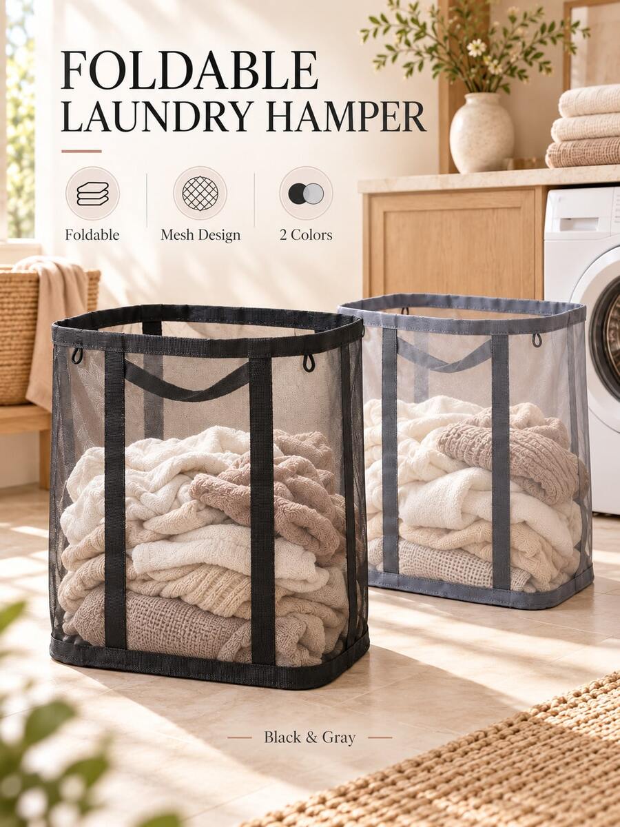 1pc Large Capacity Foldable Breathable Mesh Laundry Basket, Minimalist Home Style Black/Grey Optional Rectangular Double Handle Design Visible Clothing Storage Bin, Suitable For Bedroom, Bathroom, Laundry Room And Dormitory All Season Storage - Multicolor - View 1