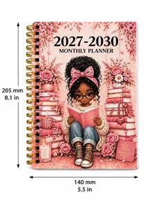 2027-2030 4-Year Monthly Planner, Curly Hair Reading With Pink Floral Spiral Notebook, 48-Month Waterproof Cover Schedule Notebook, 208-Week/Monthly Planner, Suitable For Work And Home, Back To School Supplies, Office Desk Accessories And Home Essentials - A - View 2