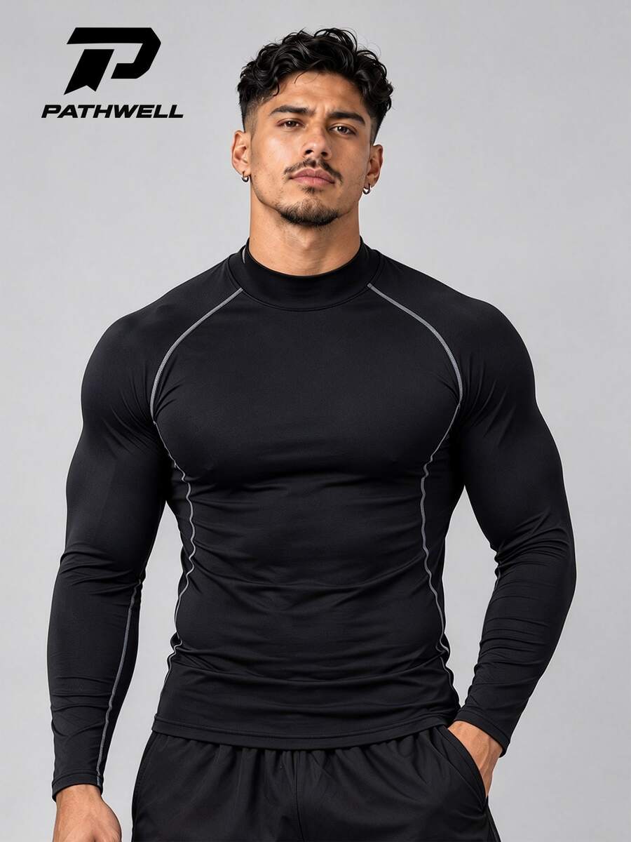 Kaos Olahraga Pria Gaya Boyfriend, Elastisitas Tinggi, Cepat Kering, Kerah Tegak, Lengan Panjang, Ketat, untuk Lari dan Olahraga dengan Perlindungan Matahari - Hitam - View 1
