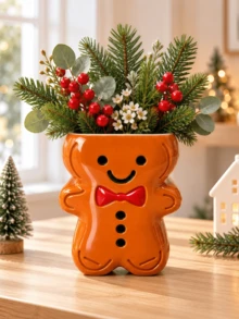 1 Piece Cute Cartoon Gingerbread Man Shaped Vase, 3D Embossed Detail Decorative Flower Holder For Christmas Tabletop Home Decor - Gingerbread Man - View 1