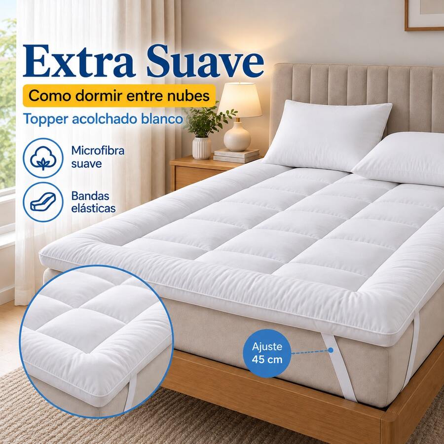 Beyoung Colchoneta para Colchón Acolchado,Sobrecolchón Suave con Soporte para Zona Lumbar,Colchoneta Cómoda que Ayuda a Distribuir la Presión,Mejorar la Comodidad de la Cama,con Tiras Elásticas para Individual,Matrimonial,Queen,King-Blanco