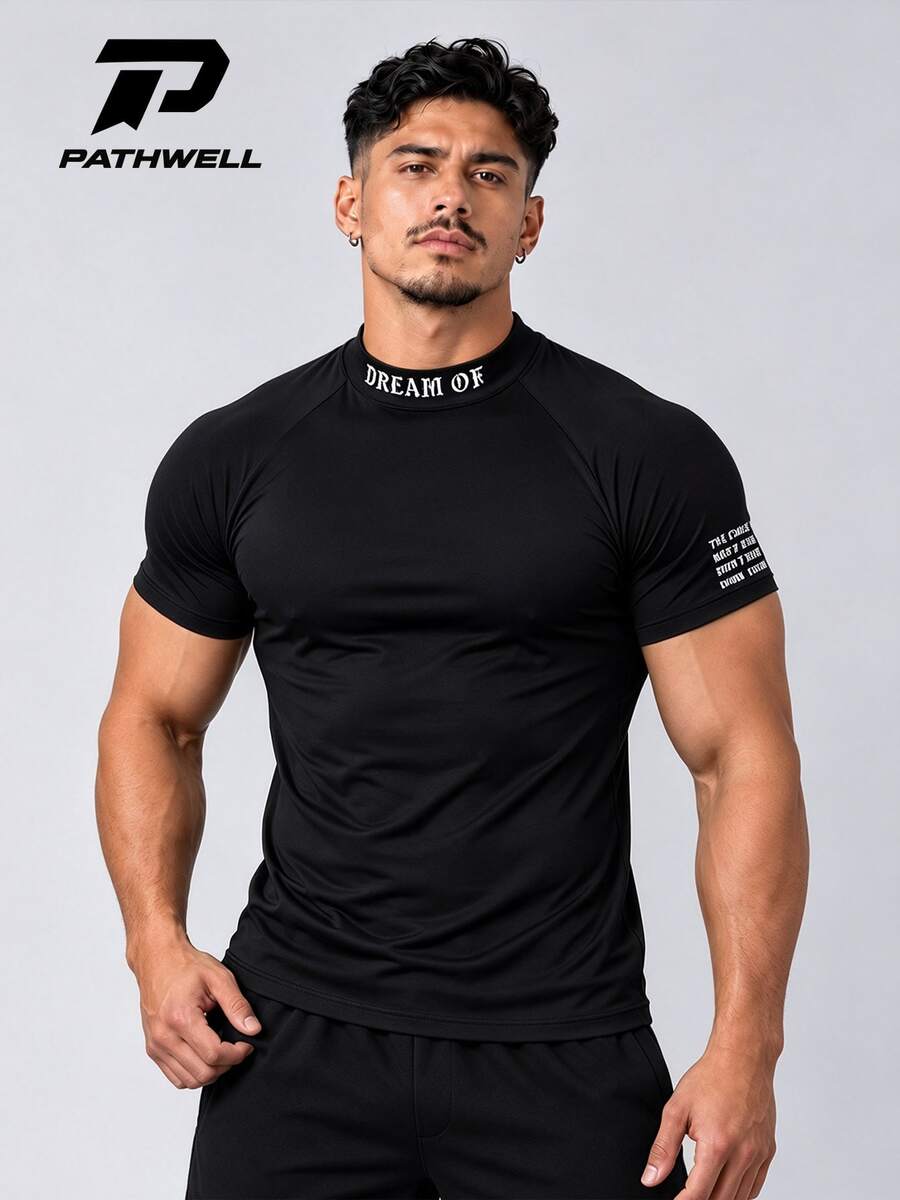 Men's Casual Fashionable Versatile Minimalist Printed Comfortable Polo Neck Short Sleeve T-Shirt, Summer - Black - View 1