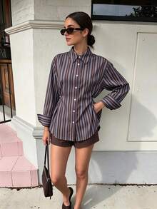 SuofeiMan Women's Casual Striped Long Sleeve Shirt Collar Top, Slim Waist, Front Button Design, Suitable For Autumn Daily Commute, Dining, Dating - Coffee Brown - View 4