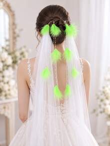 Light Blue Feather Pearl Chain Veil Hair Clips Bridal Wedding Party Hair Accessories - Multicolor - View 3