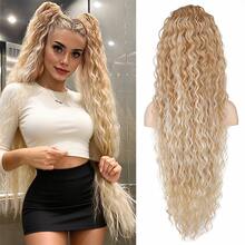 Long Curly Ponytail Wig With Ombre Drawstring, Long Curly Hair Extensions, Synthetic Water Wave Braid Hair Accessory - Black - View 12