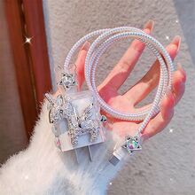 Rhinestone Unicorn Star Charging Head Protective Case Set Compatible With Apple 20W Fast Charger, Colorful Laser Data Cable Anti-Breakage Protective Shell - Silver - View 4