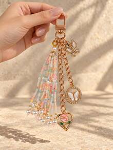 HAILIAN Beaded Tassel Bag Charm, Pearl Rhinestone Butterfly Flower Chain Keychain With Heart Rose Pendant, Cute Handbag Accessory - White - View 3