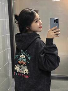 Women's Letter Cartoon Pattern Casual Daily Sweatshirt - Black Tie-dye - View 2