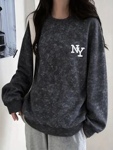 Women's Korean Style Letter Print Long Sleeve Sweatshirt - Black Tie-dye - View 2