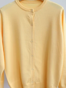 Women's Knitted Button-Front Cardigan, Long Sleeve Round Neck Regular Fit - Yellow - View 6