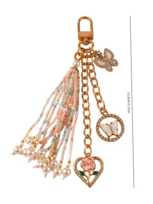 HAILIAN Beaded Tassel Bag Charm, Pearl Rhinestone Butterfly Flower Chain Keychain With Heart Rose Pendant, Cute Handbag Accessory - White - View 8