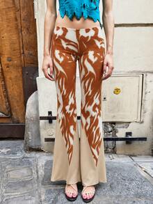 Women's Animal Print Flare Leg Pants Polyester, Medium Stretch, Long Length For A Chic And Comfortable Fit - Brown - View 1
