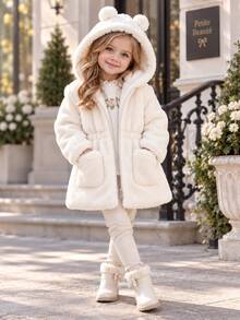 Toddler Girls' Padded Coat With Ear Decoration, Warm Winter Coat For Little/Medium Tween Girl - White - View 1