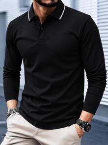 Men's Golf Light Business Long Sleeve Polo Shirt With Contrast Collar, Suitable For Golf, Business, Office, Daily Casual, Outdoor And Multiple Occasions - Black - View 11