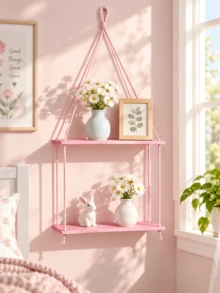 1pc Pink Photo Frame Wall Shelf, Boho Style Hanging Wall Storage Rack For Bedroom, Living Room, Bathroom, Nursery, Dorm, Cute Plant Aesthetic Home Decor, Photo Frame, Vanity, Pink Boho Style Wall Display Shelf For Ladies Room - Multicolor - View 3
