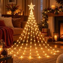 USB Powered Star Topper Christmas Tree Waterfall Lights, Cone Shape Hanging LED String Lights, 8 Lighting Modes, Warm Twinkle Glow, Pre-Strung Light Strings For Indoor Xmas Holiday Mantel & Home Decor - Star Waterfall - View 4