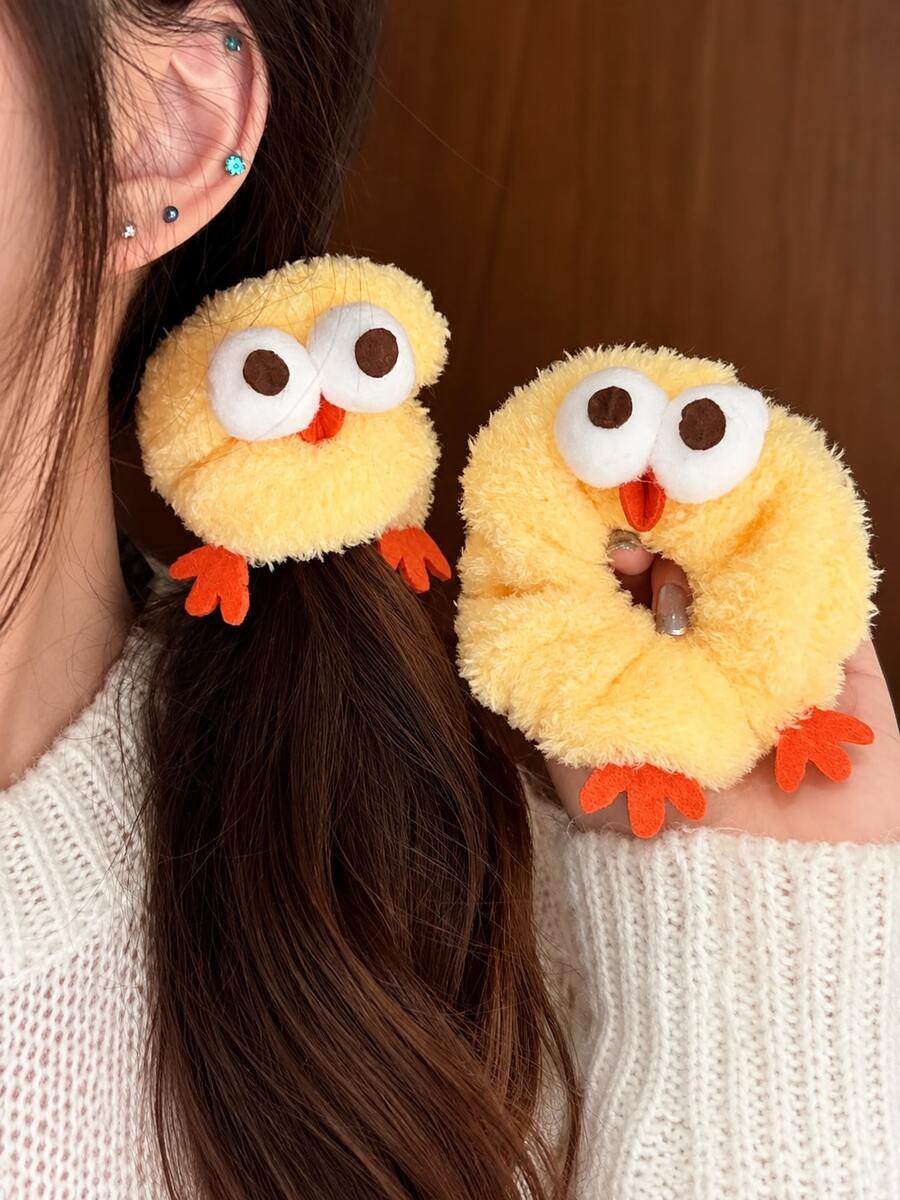 2pcs/1pc Autumn/Winter Cute Plush Chick Hair Scrunchies, Fun Sweet Japanese Style Cute Hair Bands, Suitable For Ponytail And Bun Daily Hair Accessories