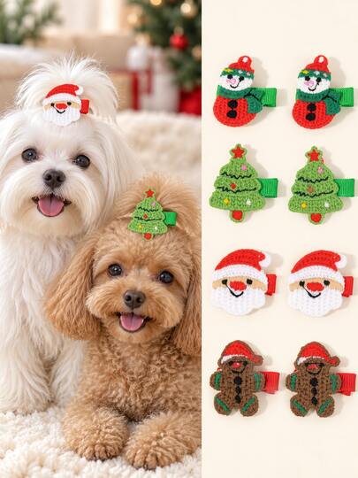 8 piezas de pinzas para el cabello navideñas, lindos broches de tela bordada y cinta para perros, diseños de Papá Noel, muñeco de nieve, árbol y pan de jengibre en rojo y verde, accesorios festivos para el cuidado del cabello para fiestas navideñas, disfraces de invierno y fotos navideñas