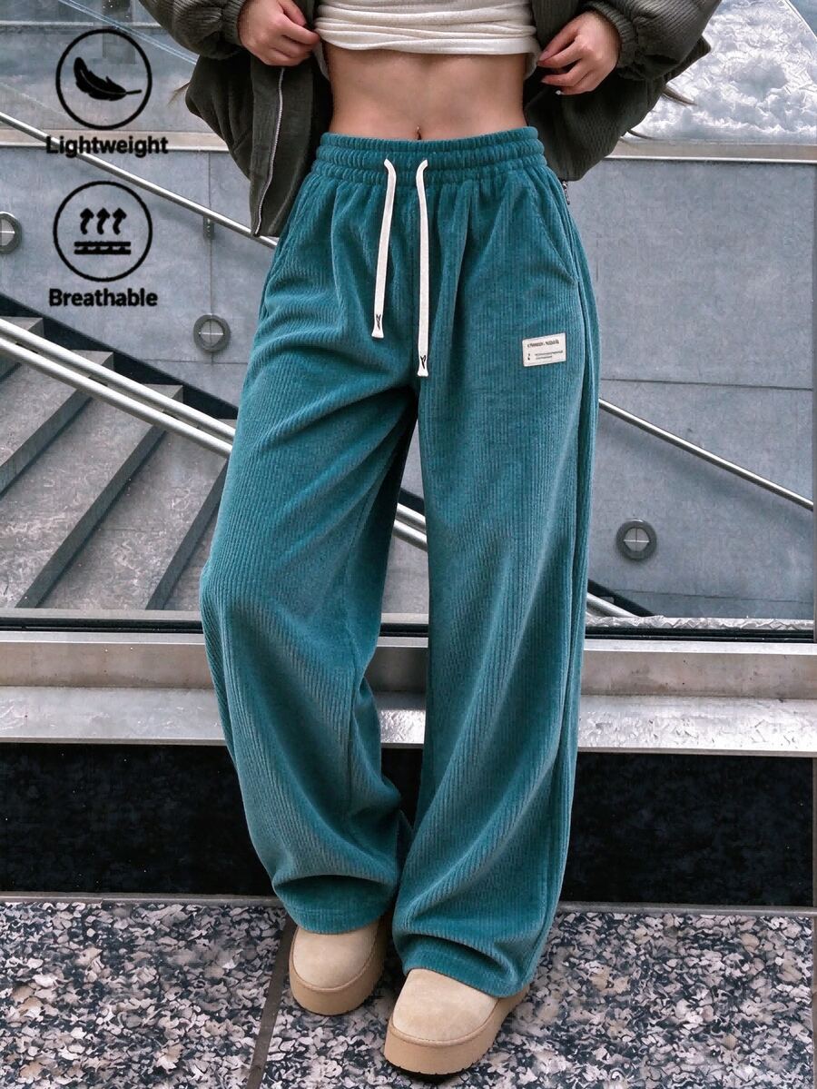 Women's Casual Corduroy Wide Leg Pants, Elastic Waist Drawstring Label Decor Loose Long Pants, Autumn/Winter Loose Street Style With Pockets Halloween Pants - Blue - View 1